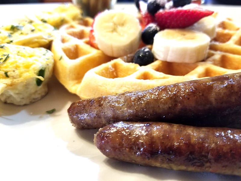 eggs waffles and sausage