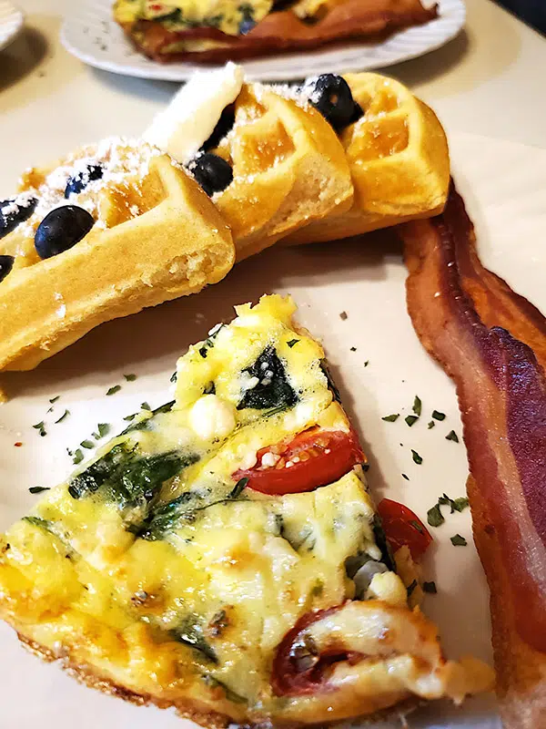 waffles, bacon and quiche