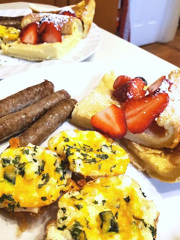 baked pancakes, egg cups and sausage
